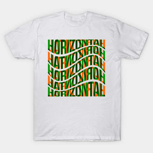 Horizontal Waves Typography (Green Orange) T-Shirt by John Uttley